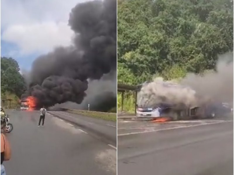 Imagem de VÍDEO: Ônibus pega fogo e incêndio forma nuvem de fumaça na Via Parafuso