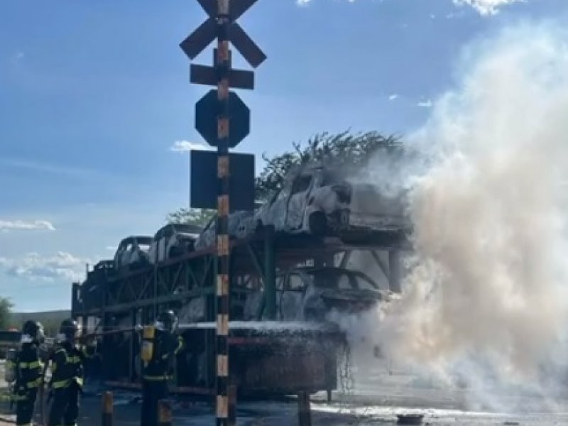 Imagem de Caminhão-cegonha pega fogo e onze carros ficam destruídos na Bahia