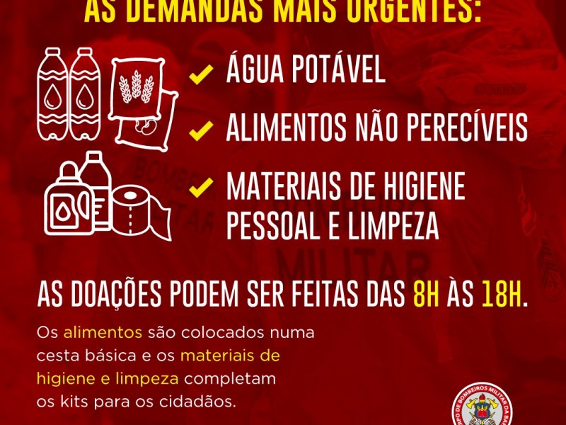Imagem de CBMBA pede para que coletas foquem em alimentos e água para vítimas das enchentes